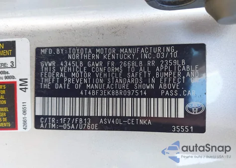 2011 Toyota Camry Le z USA, uszkodzony, nr VIN 4T4BF3EK8BR097514